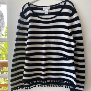 Peck &‎ Peck Stripe Sweater with Pom Poms, Black and White, Size XL